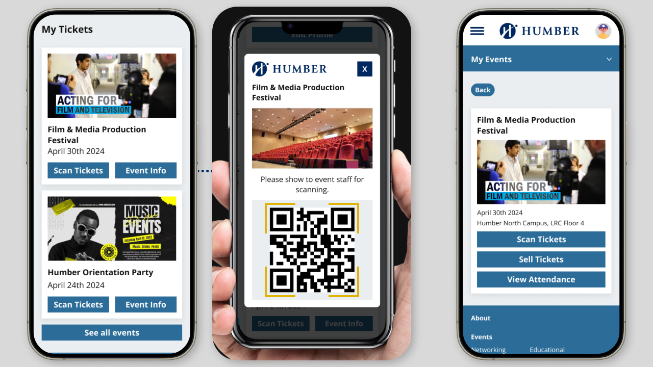 3 phone screens depicting a user's list of event tickets and QR code, and lastly an event organizers onsite settings for scanning tickets.